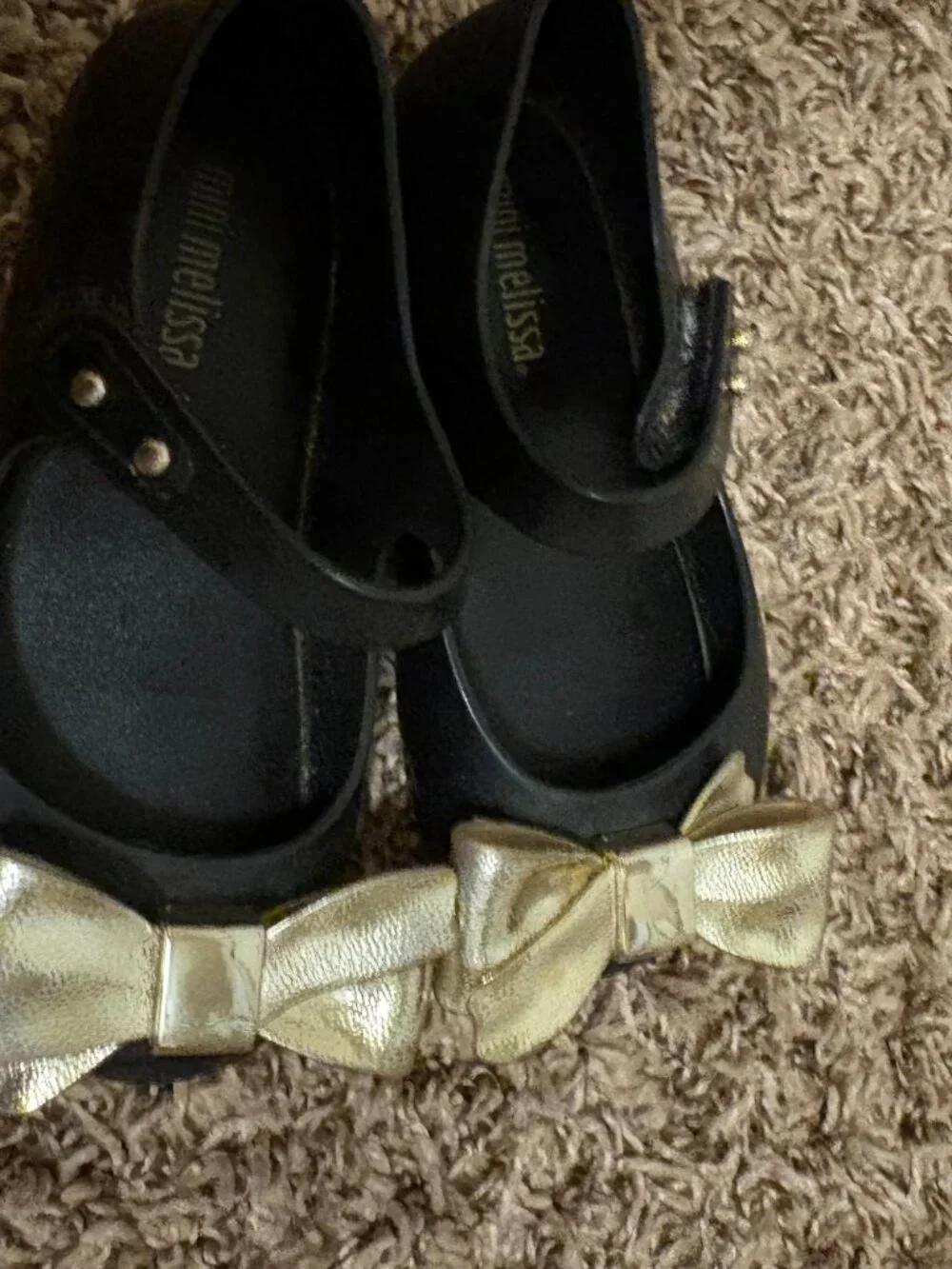 Mini Melissa Black Mary Janes Toddler Size 7 Gold Bows Ankle Strap Party Holiday